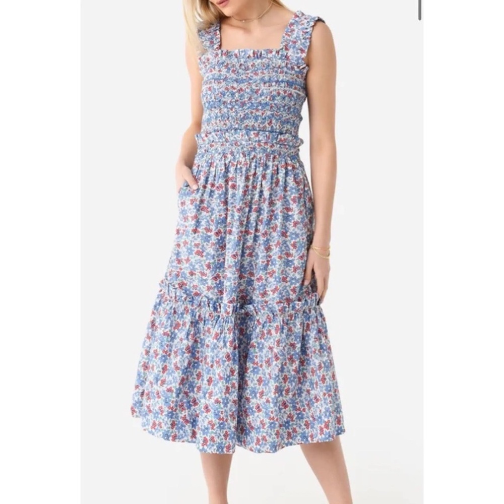 NWT—Sea New York  “Peggy” Blue Floral Smocked Midi Dress